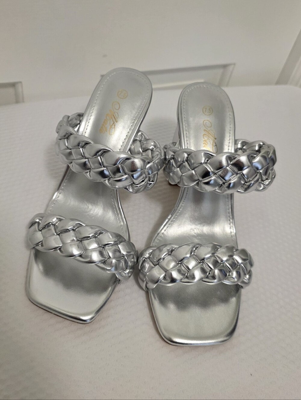 EUC Mata Metallic Silver Braided Double-Strap Heeled Sandals Size 7.5